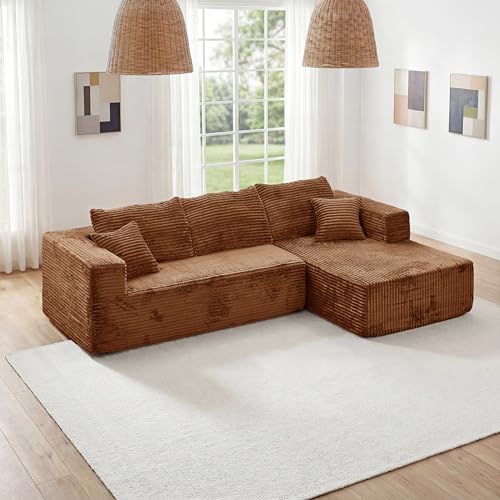 Image of 92.5 inch Modular Sectional Sofa, L-Shaped Cloud Couch with Deep Seats & Chaise, Convertible 4-in-1 Corduroy Boneless Couches for Living Room,Bedroom,No Need Assembly - Brown(Right Facing Chaise)