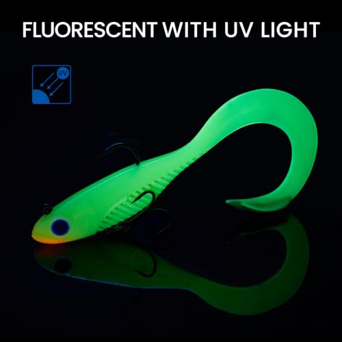 Image of TRUSCEND Duramax TPE Soft Fishing Lures with BKK Hooks, Easy Catch Curly & T-Tail for Trembly Sinking & Vibrating Swim, UV or Glow Effect for All Conditions, Pre-rigged Swimbait for Bass Trout Crappie
