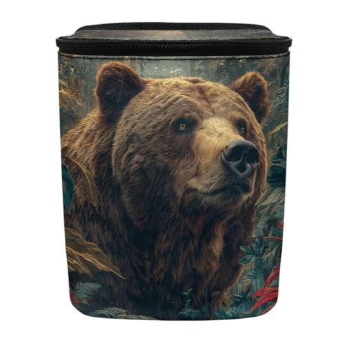 Image of Talayituse Forest Bear Print Car Trash Can Portable Auto Garbage Bin Multifunctional Vehicle Interior Accessories with Adjustable Straps Universal Fit Truck SUV Sedan