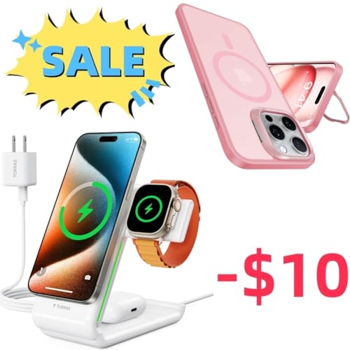 TORRAS Lstand iPhone 15 Pro Max Case Pink & 3 in 1 Charging Station with MagSafe Charger Stand
