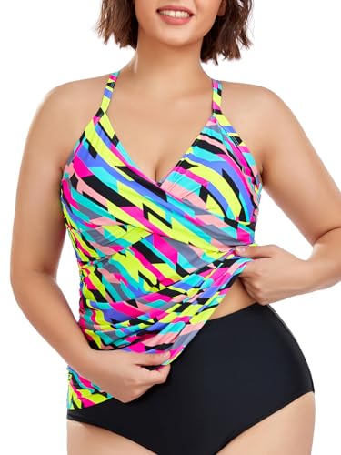 Image of RELELCIGA Women's Tankini Top V Neck Ruched Tummy Control Bathing Suit Top