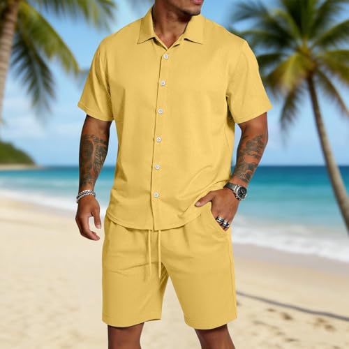 Ensemble homme short confortable contre la chaleur, tenue deux pièces jaune de plage taille M - 3