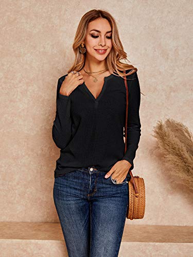 Women's Henley Shirts V Neck Waffle Knit Casual Long Sleeve Pullover Sweater Blouses Black