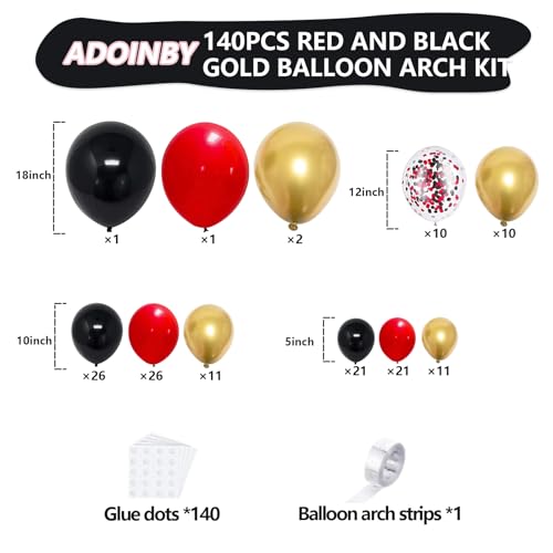 Image of Red and Black Gold Balloons Arch Kit, 140Pcs Different Sizes inch Red Black Gold Balloon and Confetti Party Balloon Garland Kit for Birthday, Wedding, Graduation, Anniversary, Prom Decorations