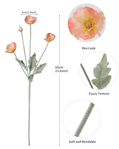 DuHouse 6 Pcs Artificial Poppies Flowers Silk Poppy Flowers for Home Table Centerpieces Decoration Office Wedding(Coral) - Image 2