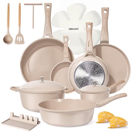 21Pcs Pots and Pans Set with Aluminum Lid, Nonstick Ti-Ceramic Cookware Sets, Induction Cookware Non Stick Cooking Set w/Frying Pans & Saucepans(PFOS, PFOA Free)-Taupe