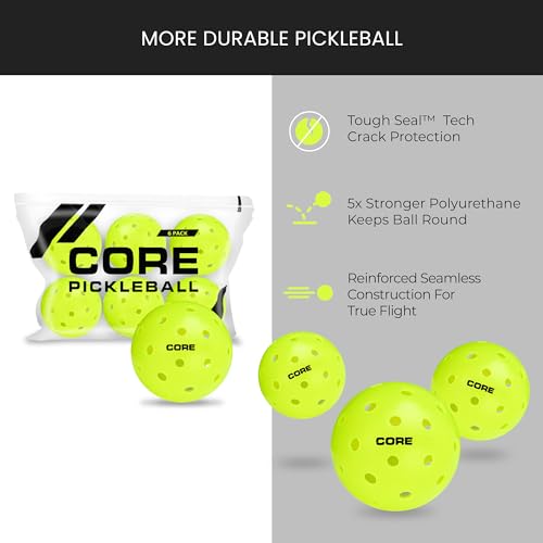 CORE Pickleball Balls for Professionals and All Levels of Play, USA Pickleball Approved Durable Outdoor Pickleball Balls with 40 Holes (6 Pack FBM)