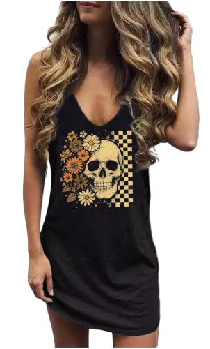 Image of Live Simple Coconut Tree Sleeveless Mini Dress Summer Beach Mini Dress Women's Summer Casual Sexy V Neck Mini Tank Dress