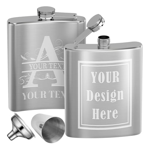 Personalized 7oz 304 Stainless Steel Hip Flask Custom Laser Engraved Flask for Men & Women Double-Sided Design with Custom Logo Text & Images for Wedding Birthday Fathers Day GiftSilver
