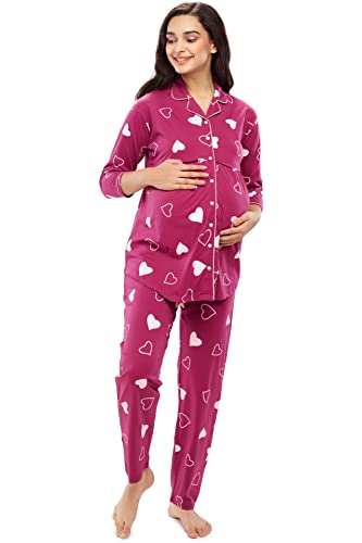 Image of ZEYO Women's Cotton Heart Printed Maternity & Feeding Night Suit Set Of Top & Pajama Set Nursing Night Dress 5634