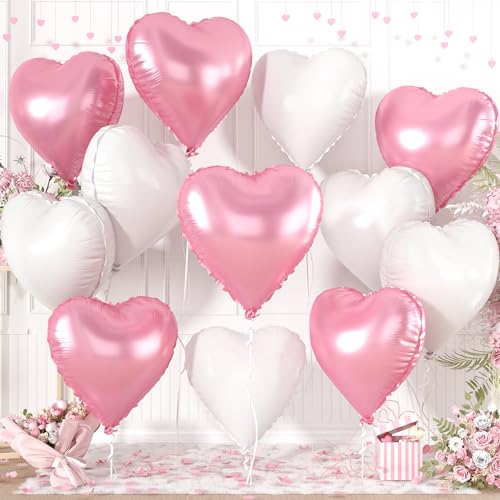 Pink White Heart Balloons,12Pcs Light Pink Heart Shaped Foil Balloons,18Inch White Helium Polyester Film Balloon for Baby Shower Birthday Anniversary Wedding Party Decorations