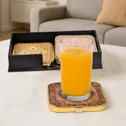 Image of Rousrie Stylist Modern Wooden Coasters with Golden Border | Set of 6 | Stand Included Premium Handmade Coaster for Tea Cups, Coffee Mugs, Beer Mugs, 10 by 10 cm (Vintage Pattern)