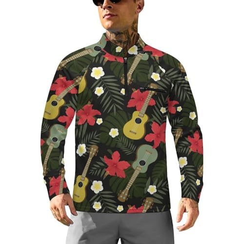 Flowers Palm Leaves Guitars Men's Rash Guard Long Sleeves Quick Dry Fishing Workout Shirts with Zipper