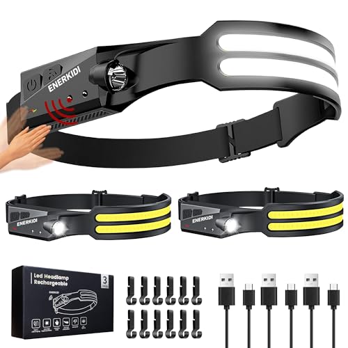 3 Packs 2 LED Headlamp Rechargeable HeadLamps for Adults, 7 Modes Head Light Sensor Mode 230° Wide Beam Headlight Waterproof Camping Accessories Gifts for Hiking Running Repairing Fishing Cycling