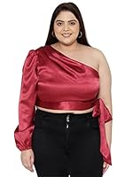 wild U Women Plus Size Satin One Shoulder Knotting Stylish Latest Western Crop Top (Maroon, Size : 2XL)