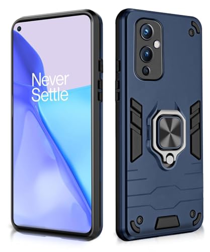 Image of WOW IMAGINE Shock Proof Back Case Mobile Cover for 1+ OnePlus 9 5G | Back Cover Case (Tough Armor | Hybrid PC + TPU | Ring Holder & in-Built Kickstand | Blue)