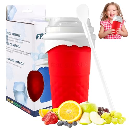 SilverChry Shake Slush Cup 500Ml - Slushy Maker Riutilizzabile In Silicone, Tazza per Slush (con Cannuccia e Cucchiaio 2 In 1) - Ottimo per Frullati Fai da Te, Bevande Ghiacciate, Gelato (Rosso)