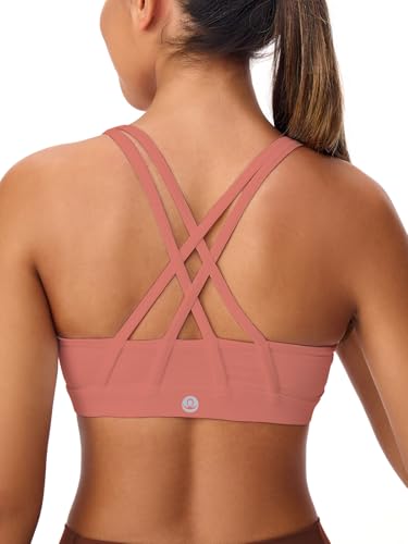 Image of Women's Strappy Sports Bras Light Compression Crop Criss Cross Back Padded Workout Yoga Bra Supportive U Neckline