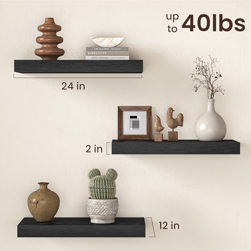 Image of Fun Memories 12 Inch Deep Black Floating Shelf, 24 x 12 Rustic Wood Wall Shelf for Books, 2 inch Thick Deep Floating Shelf for Storage & Display in Kitchen, Living Room, Bedroom, 2 Packs