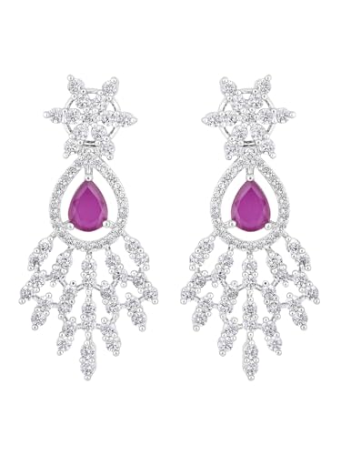 Image of ASMITTA Jewellery Rhodium Plated Silver American Diamond Studded Necklace with Purple Earrings Jewellery Set for Women & Girls