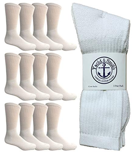 Yacht & Smith 12 Pairs of Mens Cotton Crew Socks, Solid, Athletic Sports Socks, Valuepack (White)