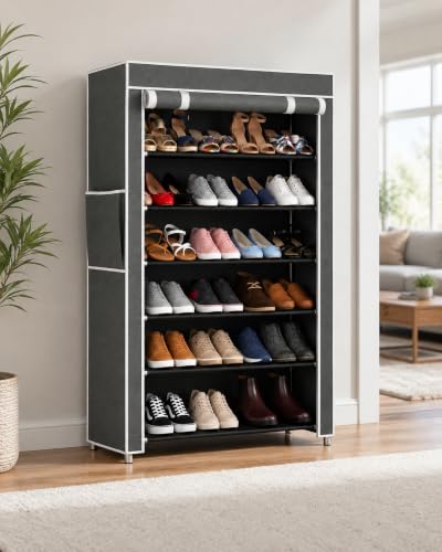 Image of 6 Layer Shoe Rack Plastic with Grey Cover | Multipurpose Plastic Shoe Rack for Home | Space Saving Foldable Shoe Stand | Storage Rack for Home, Bedroom & Entryway.