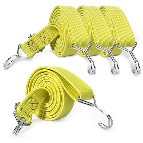 4 Pcs Adjustable Flat Bungee Straps 80 Inches Heavy Duty Bungee Cords With Metal Buckle Hooks Elastic Band Perfect Luggage Strap For Bike Motorcycle Truck Outdoor Camping Traveling (Yellow) #TOP5