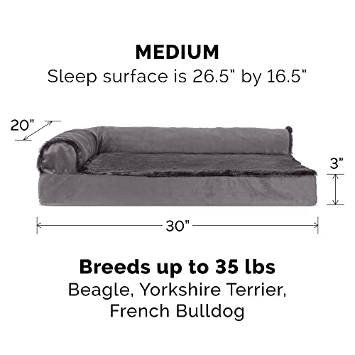 Image of Furhaven Cooling Gel Dog Bed for Medium /Small Dogs w / Removable Bolsters & Washable Cover, For Dogs Up to 35 lbs - Plush & Velvet L Shaped Chaise - Platinum Gray, Medium