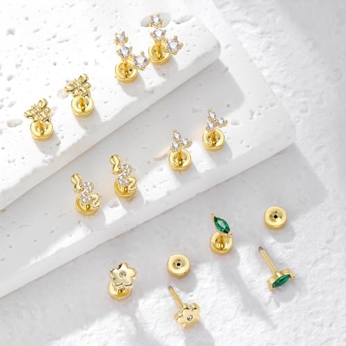 XYJZXY Flat Back Earrings for Women 18k Gold Hypoallergenic Surgical Steel Earrings for Sensitive Ears Bow Heart Bumble Bee Flower Moon Star Snake Helix Cartilage Piercing Jewelry3