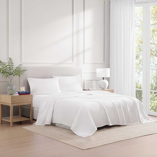 Image of Tommy Hilfiger - Sheet Set, Cotton Percale Bedding with Matching Pillowcases, Crisp & Cool, Solid Design with Hem Stripe (White, Full)