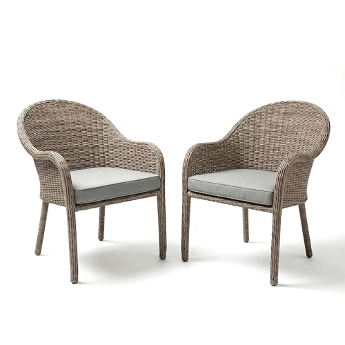Martha Stewart Lily Pond Set of 2 Indoor-Outdoor Weathered Gray Rattan Wicker Patio Dining Armchairs Gray Seat Cushions Stacks Up to 8 High 300 Lb. Static Weight