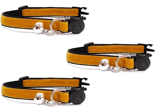 Velvet Cat Collars with Bell. Safe Breakaway Quick Release Buckle. Available in Cat & Kitten Size (Pack of 3) (Cat Collar (20cm