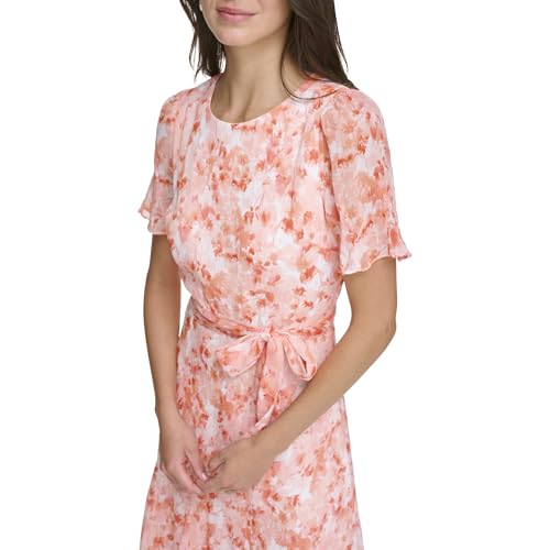 Image of DKNY Women's Flutter Sleeve Round Neck Waist Tie Midi Dress
