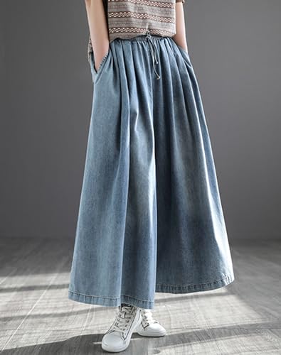 Womens Elastic Waist Cropped Denim Pants Loose Wide Leg Jeans3