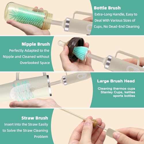 Image of 5 in 1 Electric Bottle Brush Cleaner Compatible Stanley Bottle Brush Straw Cleaner Multifunction Rechargeable IPX6 Waterproof Extra Long Design for Stanley Cup, Sports Bottle and More (Beige)
