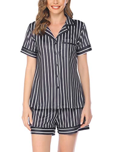 Ekouaer Pajamas for Women Lounge Set Cotton Sleepwear Comfy Soft Long Button Down Lingerie Cotton Nightwear Pajamas Set PJS (Dark Grey Vertical Striped S)