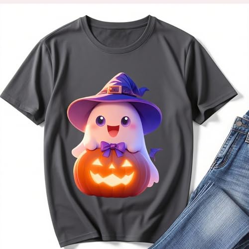 IRUD Halloween Shirts for Women - Pumpkin Ghost Wizard Hat Pattern Round Neck Short Sleeve - image 5