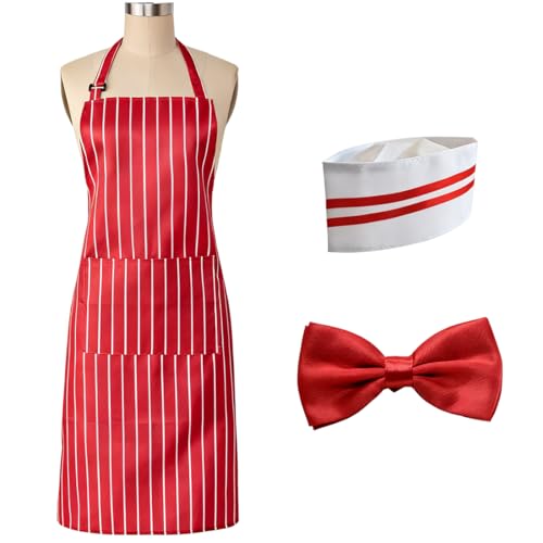 ZORVYN 1 Set Costume de carnaval pour adulte des années 1950, tablier de serveur à rayures rouges et blanches avec 2 poches, toque de chef et nœuds papillon rouges, réglable pour carnaval des années