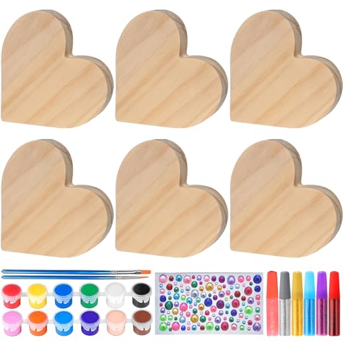 Mother's Day DIY Craft Kit, 6 Pack Blank Wood Hearts for Painting with Art Supplies, Unfinished Wooden Heart Slices for Home Party Decoration, Personalized Gifts for Mom, Couples, Her, Family