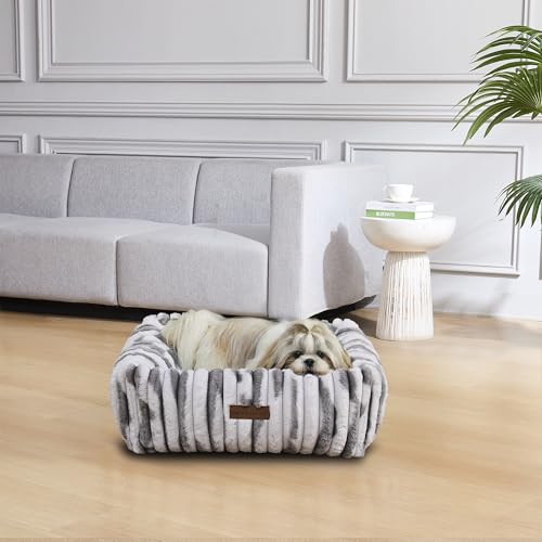 Image of Modern Threads Ribbed Plush Two-Tone Cuddler Dog Bed, Ultra-Soft Faux Rabbit Fur, Supportive Bolstered Sides, Removable Washable Cover, Bed for Small to Medium Dogs, Silver, (24 inch L x 20 inch W x 8 inch Th)