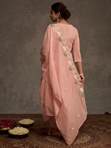 Image of INDO ERA Women's Pure Cotton Floral Embroidered Straight Kurta with Pant & Dupatta Set (IESTR11757)