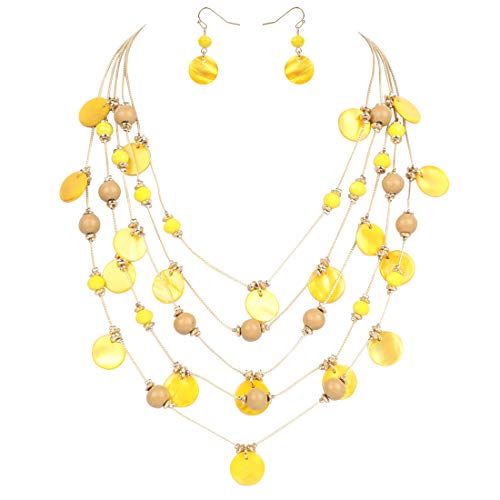 Firstmeet Handmade Multi-Layer Round Shell Wooden Beads Necklace with Earrings (XL-1101-Yellow)