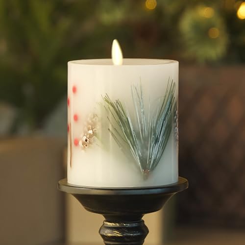 Image of Luminara Embedded Flameless LED Candle - Pine Berries 3.5 inch x 4.5 inch - Moving Flame Pillar, Battery Operated Timer, Real Wax, Unscented, Safe