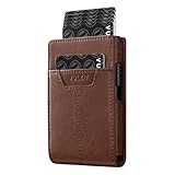 VULKIT Pop up Wallet for Men, Vertical Leather Credit Card Holder Wallet RFID Blocking with Cash Slot, Coin Pocket, ID Window Brown
