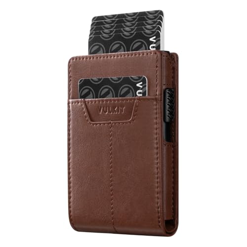 VULKIT Pop up Wallet for Men, Vertical Leather Credit Card Holder Wallet RFID Blocking with Cash Slot, Coin Pocket, ID Window Brown