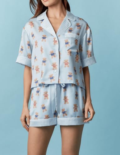 Image of Argeousgor Women 4th Of July Pajama Sets American Flag Short Sleeve Shirt and Shorts 2 Piece Independence Day Pajamas Set