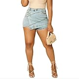 HTD Women's Denim Shorts Skorts Asymmetrical Jean Skirt Skort with Pockets Light Blue M