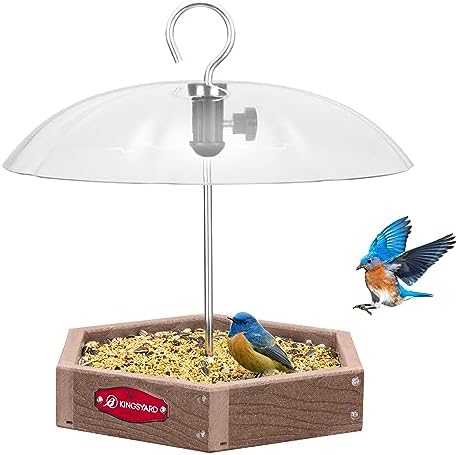 best platform bird feeder that will transform your backyard experience 4 Kingsyard Large Platform Bird Feeder Outdoor Hanging, Adjustable Dome Squirrel Proof Rain Cover, Metal Mesh Tray Recycled Plastic Wild Bird Seed Feeding Station, Brown