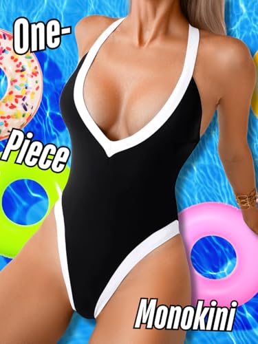 Color Block Swimsuit, Plunge V Neck High Cut, Pool Party Vacation, Sexy Backless One Piece Bathing Suit Cheeky2