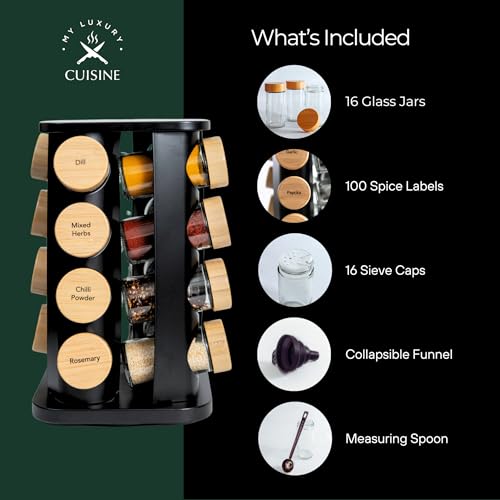 My Luxury Cuisine Rotating Spice Rack, Aesthetic Inside Cupboard or Free Standing Organiser with 16 Jars, Lids and Labels for Easy Sorting - Cosy Home Interiors My Luxury Cuisine Rotating Spice Rack, Aesthetic Inside Cupboard or Free Standing Organiser with 16 Jars, Lids and Labels for Easy Sorting - Image 2